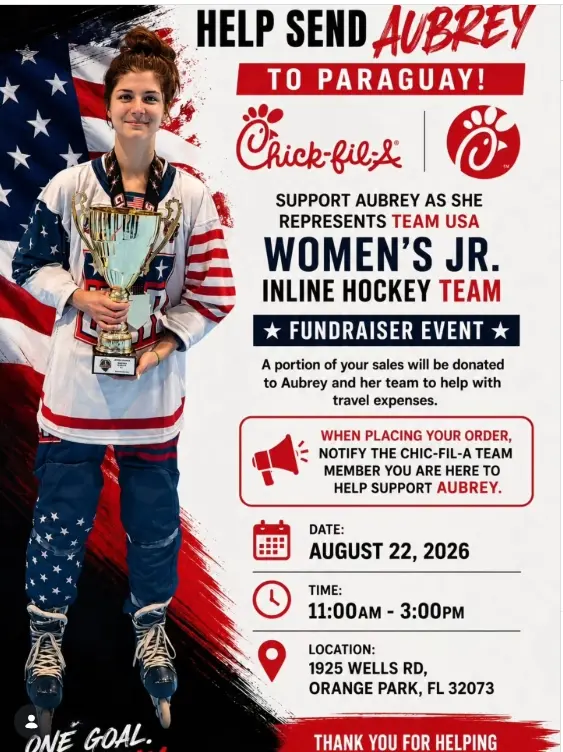 Aubrey Jones Team USA fundraiser flyer — Chick-fil-A, Orange Park
